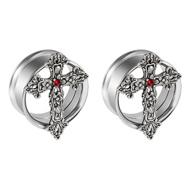 Niaspi Cross Ear Gauge Plugs Double Flared Tunnels Vintage Cross Stainless Steel Expander Gauges Earrings Stretcher Gothic Body Piecing Jewelry for Women Men (25mm)