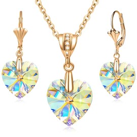 EVEVIC Austrian Crystals Heart Pendant Necklace Earrings for Women 14K Gold Plated Hypoallergenic Leverback Drop Dangle Earring Jewelry Set (Aurora Borealis)