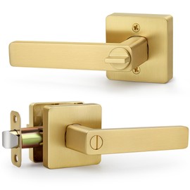LOQRON Square Keyless Privacy Door Lever, Brushed Gold Door Handles, Heavy Duty Gold Door Lever with Privacy Lock Reversible Door Handle for Right/Left Handed Bedroom Bathroom Door