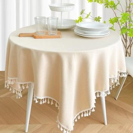 Kithing circular table cloth，TPU coated Cloth art tablecloth，waterproof Tassel tablecloth Free water to wash，Kitchen dining room banquet Tabletop Decoration Tablecloths(140cm diameter, beige)