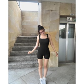 OQQ Women 2 Piece Rompers Yoga Stretch Strappy Square Neck Sleeveless Exercise Rompers Black Beige