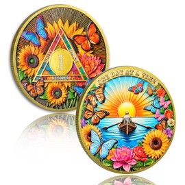 Beautiful Sunflower 1 Year Sobriety Coin, One Day at a Time AA Medallion, Recovery Chip with Token Capsules, AA Coins with Butterfly and Flower Designs, Sobriety Gifts for Men Women