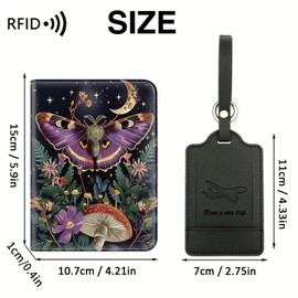 Passport Wallet, Passport Holder with RFID Blocking and Luggage Tag, Waterproof PU Leather Travel Documents Organizer Case, Passport Covers with Card Slot for Women & Men, Moths and Mushrooms