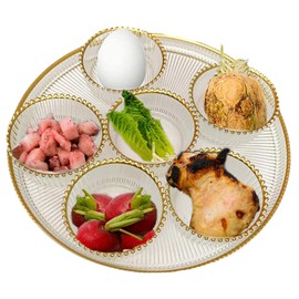 Round Glass Seder Tray with 6 Removable Bowls - Clear with Gold Beaded Trim - Passover Holiday Kaarah Pesach Dinner Plate 11"