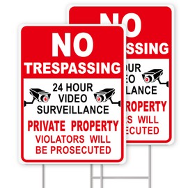 GXGGUS NO Trespassing Signs Private Property Video Surveillance Sign, Large 2-Pack 13"x10" Double-Sided Signs, Corrugated Plastic, H-Stake Metal Stakes, Outdoor Yard Sign for Home and Front Door Land