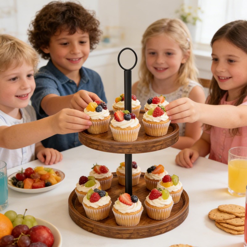 Tiered Tray Stand, Rustic 2 Tier Round Serving Tray, 1-Pack