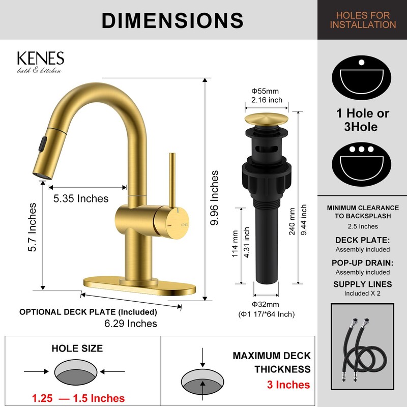 KENES Brushed Gold Single Handle Bathroom Faucet with Pull Out