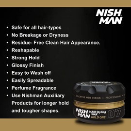 Nishman Hair Styling Wax for Men, 07 Gold One 150 ml | Edge Control | Ultra High Strong Hold | Hair Clay Aqua Wax (3 Pack)