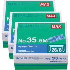 Max MAX355M.X3 Modelo 35-5M Grapas estándar (paquete de 3) para uso con Max HD-88, HD-50, Hd-50R, HD-50F y otras grapadoras estándar; longitud de pierna de 6 mm; 100 grapas por palo; 3 cajas de 5000 grapas cada caja