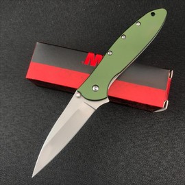 KS 1660 Ken Onion Leek Assisted Flipper Knife, 440C Bead Blast Plain Blade, Stainless Steel Handles, Frame Lock, 10 Styles:_green