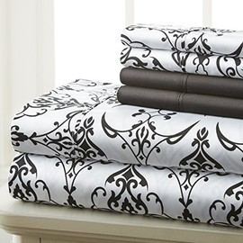 Full Size Bed Sheets Set Deep Pockets - 6PC Floral & Swirl Ultra Soft Microfiber Bed Sheets - Easy to Clean, 90 Thread Count Sheets with Fitted Sheet, Flat Sheet & Pillowcases (Black/White Scroll)