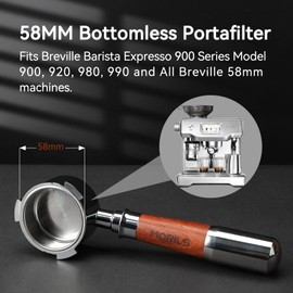 MORILS 58mm Bottomless Portafilter with Double Shot Filter Basket & Premium Walnutwood Handle, Portafilter Compatible with All Breville 58mm Machines, Espresso Accessories(Puck Screen)