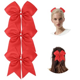8 Inch Cheer Bows, 3 PCS Red Hair Bows Large Cheerleading Bows Cheer Hair Bows with Ponytail Holder Elastic Band Grosgrain Ribbon Hair Tie Bow School Softball Hair Accessories for Teen Girls Women