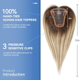 EMMOR Real Hair Toupees for Women, 100% Hand-Tied Toupees with Swiss Lace Base, Size 3.5 inches x 4 inches, 12 inches