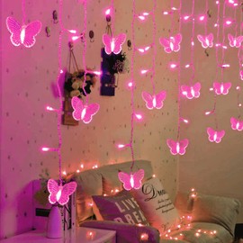Butterfly Curtain Lights 60 LED 13.1FT USB Powered 8 Modes Remote Window Curtain Lights with 12 Butterflies Waterproof Twinkle Lights for Bedroom Christmas Holiday Party Decoration (Pink)