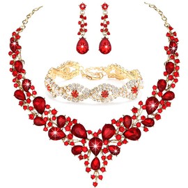Miraculous Garden 3 Pack Bridal Rhinestone Crystal Statement Necklace Link Bracelet and Teardrop Dangle Earrings Jewelry Set Gifts fit with Wedding Dress Party