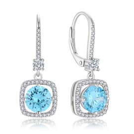 Oskani Square Shaped Dangle Drop Earrings for Women, 925 Sterling Silver 5A Cubic Zirconia Leveback March Ruond Birthstone Aquamarine Color Earrings for Hypoallergenic Jewelry Gifts for Her