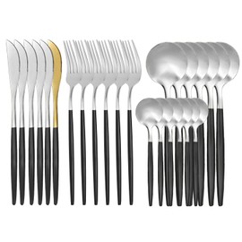 24-teiliges Besteck-Set, Edelstahl-Besteck-Set, Tafelsilber-Set für 6 Personen mit Löffel-Messer-Gabel-Set, spülmaschinenfest/leicht zu reinigen/spiegelpoliert (silber-schwarz)