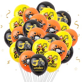 UgyDuky 24Pcs Construction Balloons 12 Inch Construction Birthday Party Balloons Black Orange Yellow Latex Balloons Excavator Helmet Warning Printed Latex Balloons for Construction Birthday Party