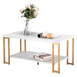 White Marble Print Coffee Table with Gold Metal Legs, 2 Tier Center Table for Living Room, Modern Simple Rectangular Table, Accent Furniture for Living Room and Bedroom