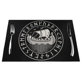 NIBABA Woven Placemats Viking Drakkar Antique Scandinavian Runes Washable PVC Placemats for Dining Table Suitable Kitchen Heat Insulation Placemats Non Slip 30x45cm Set of 4 Black
