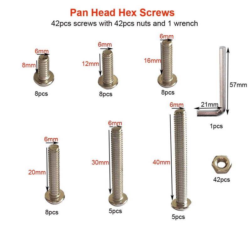84Pcs M6 x 8mm,12mm,16mm,20mm,30mm,40mm Hex Pan Head Cap Bolts Nuts