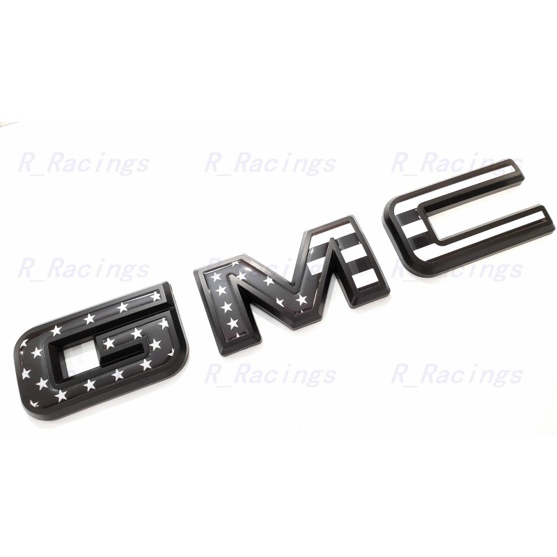Auto Front & Rear GMC Black USA Flag OVERLAY Emblem