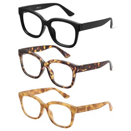 JM 3 Pack Fashion Reading Glasses for Women Blue Light Blocking Oversized Square Readers with Spring Hinge +1.25
