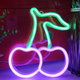 JYWJ Cherry Neon Sign,USB or 3-AA Battery Powered Neon Light,LED Table Decoration,Bedroom Wall Decoration,Birthday Gift,Wedding Supplies Business Gift (Green+Purple)