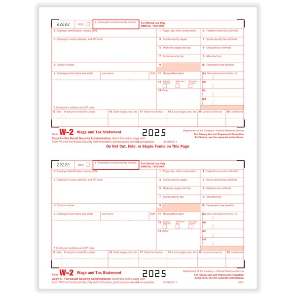 ComplyRight W-2 IRS Federal Copy A, 2-Up, Pack of 100