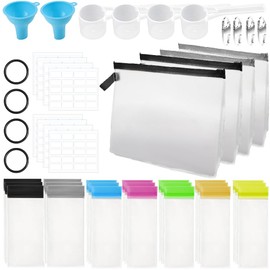 Abnaok 47PCS Protein Powder Travel Container Set,Reusable Powder Supplement Container with 21PCS Single Dose Powder Bags，Zip Up Bags，Funnels, Spoons and Sheet Labels, Spring Buckle，Zipper Rings