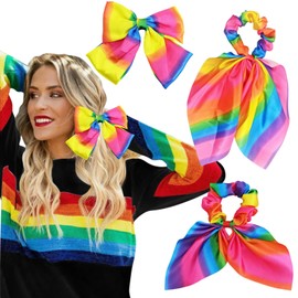 mdgfge 3Pcs Rainbow Hair Tie Scrunchies Bunny Ear Hair Clip Bow Ribbon Hair Bow Hair Clips Ponytail Holder for Women Gay Pride Rainbow Day Raves Party Hair Accessories