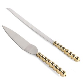 Homi Styles - Juego de cuchillos y servidores para tartas de boda, color dorado elegante con asas de cuentas y cuchillas de acero inoxidable 420 de alta calidad | Juego de servir pasteles y tartas para bodas, cumpleaños, aniversarios, fiestas