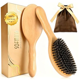 Cepillo de pelo de cerdas de jabalí 100% puro, hecho a mano, de madera natural, cepillo de pelo liso para cabello fino y fino, desenredante suavemente
