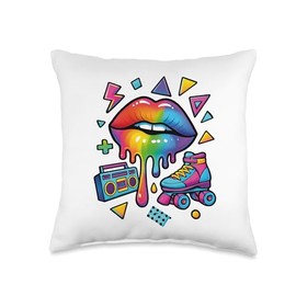 90s Retro Pop Art Rainbow Lips Nostalgia Costume 90s Throw Pillow