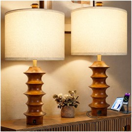 Scenekoy Wood Table Lamp Set of 2, 3-Way Dimmable Table Lamp with USB A+C