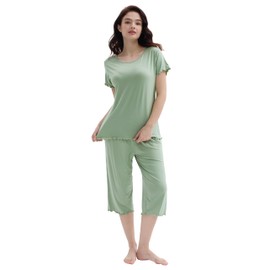 Amorbella Womens Short Sleeve Pyjamas Set Capri/Cropped Pajamas Petite Soft Pjs Sleepwear(Sage Green,XXL)