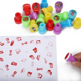 Assorted Kids Stamps - Self Inking with Designs, Toddler & Holiday Themed, Birthday Gift & Party Favor, Carnival Prizes (10 Traffic & 10 Farmers)