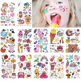 VIWIEU 12 Pcs Kids Tattoo Stickers Glitter Cute Cartoon Animal Unicorn Butterfly Candy Mermaid Princess Various Body Seals for Girls and Boys, Small Kids Temporary Reward Face Stickers Water Decal