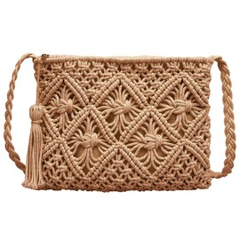 MEGAUK Shoulder Bag with Fringe Women's Shoulder Bag Fringe Bag Tassels Straw Woven Beach Bag for Women, 05850 Khaki