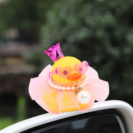 wonuu Rubber Duck Car Dashboard Decoration, Duck Car Ornament Cute Car Accessories with Mini Crown Dress Pearl Necklace Glasses, Pink Tutu Skirt
