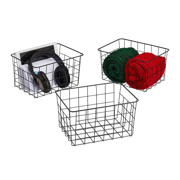 Relaxdays Wire Basket Set of 3 Rectangular Mesh Basket for Storage H x D 15.5 x 28 x 20 cm Decorative Metal Basket Black