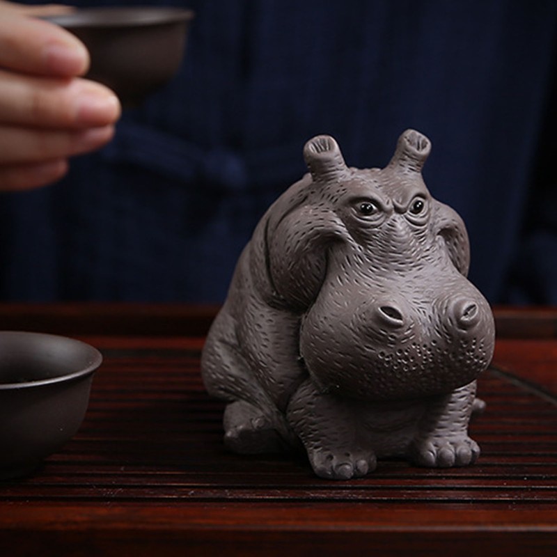 Hippo Figurine Purple Clay Ceramic Tea Pet Sculpture Hippo Statue