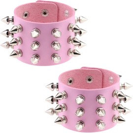 FM FM42 Pink PU Simulated Leather Silvert-tone Spikes Rivets Adjustable Buckle Bracelet, Pack of 2 PCs