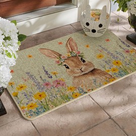 Artoid Mode Flower Wreath Rabbit Bunny Easter Doormat, Home Decor Low-Profile Switch Rug Door Mat Floor Mat for Indoor Outdoor 17x29 Inch