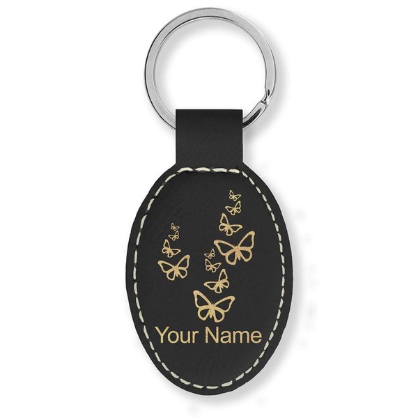 LaserGram Oval Keychain, Butterflies, Personalized Engraving Included (Black with Gold)