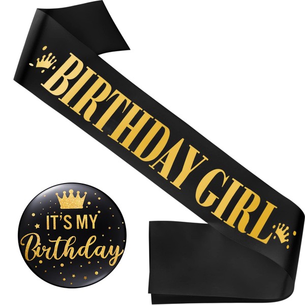 Birthday Sash for Women Birthday Sash Birthday Party Decorations and It's My Birthday Button Glittery Metal Rose Pin Its My Birthday Pin Rosegold Birthday Badge for Party Decoration (Black Gold)