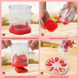 2 Pcs Fruit Slicer Cup, Strawberry Cutter Slicer Cup, Banana Slicer Egg Slicers Detachable Fruit Cutter Slicer with Push Plate, Strawberry Cutter Kitchen Gadget (Black & Red)