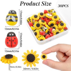 30 Pcs Little Bee Sunflower Ladybug Push Pin,Cute P ins For Pinboard, Cute Pins For Pinboard, Decorative Pin， Suitable For Office And School Push Pins