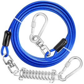 jenico Dog Tie Out Cable, 10/15/20/30/40/50/70/100/150FT Dog Runner Cable with Swivel Hook and Shock Spring, Dog Leash Run Tether for Yard Outdoor and Camping,for Small to Medium Pets Up to 500 LBS